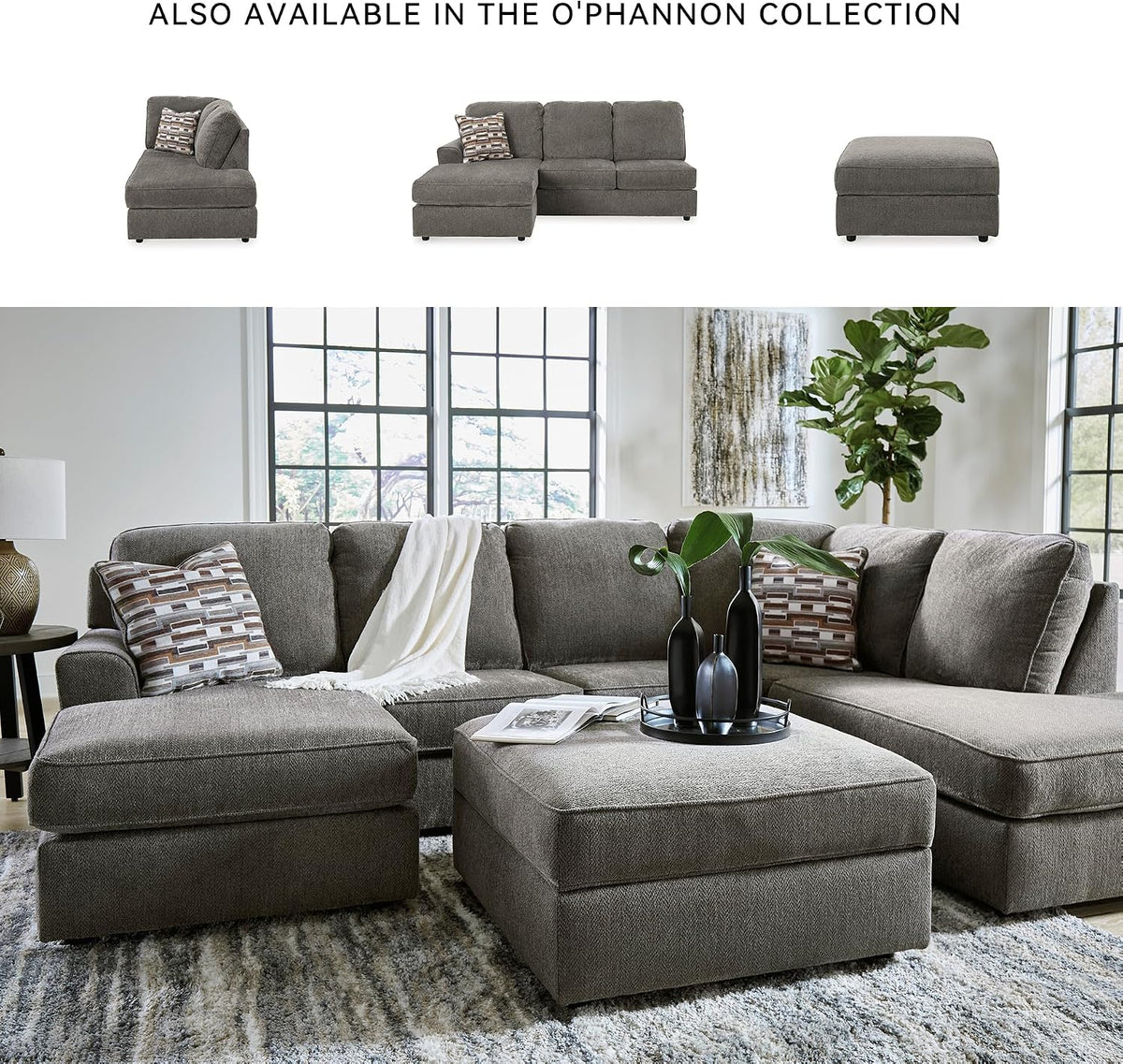 Signature Design by Ashley Putty Grey Ottoman with Storage | Square storage ottoman with reversible tray top and built-in cup holders, Putty grey herringbone chenille, O'Phannon Series