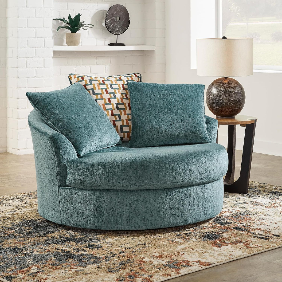 Signature Design by Ashley Laylabrook Scandinavian Upholstered Oversized Swivel Accent Chair with 3 Back Pillows, Green