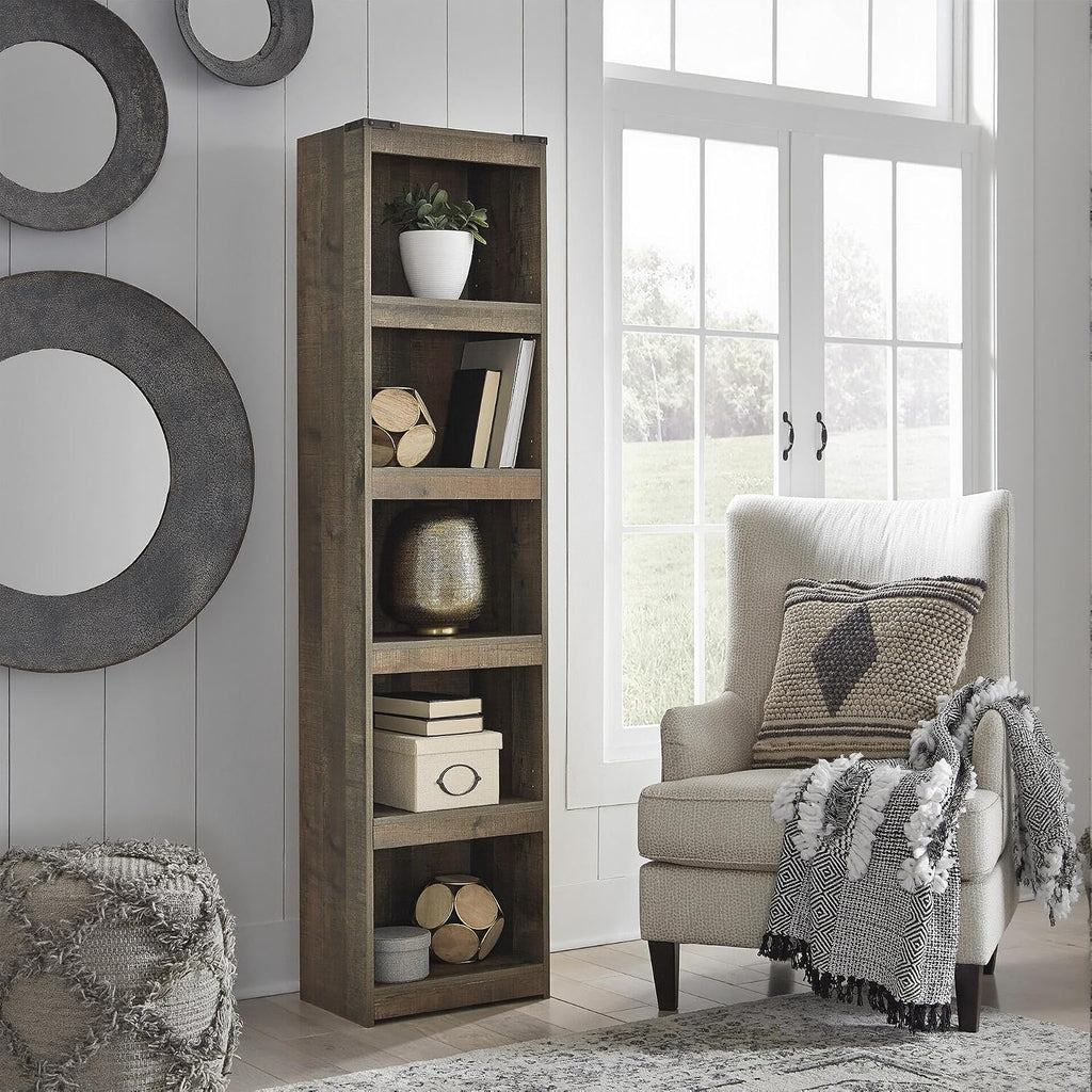 Signature Design by Ashley Trinell Media Pier, 72-Inch Rustic Bookcase | Durable engineered wood, Rustic replicated oak grain, 4 spacious shelves (3 adjustable), Versatile narrow bookshelf