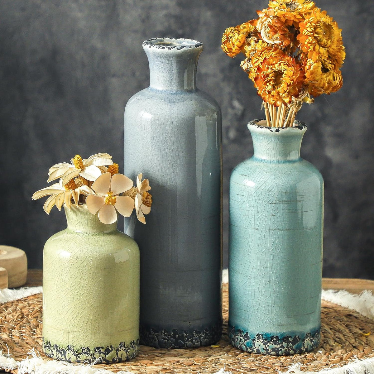 Ceramic Vases Set of 3, Whitewashed Neutral Flower Vases Home Decor, Pottery Rustic Farmhouse Decorative Vases Modern Decor for Table Mantel Entryway Bookshelf Living Room Kitchen Bedroom
