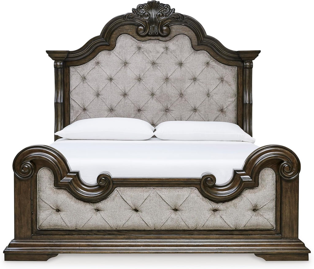 Signature Design by Ashley Maylee King Size Bed Frame and Headboard, Brown | Traditional panel bed, High 83-inch headboard, Brown button-tufted upholstery, Master bedroom statement piece