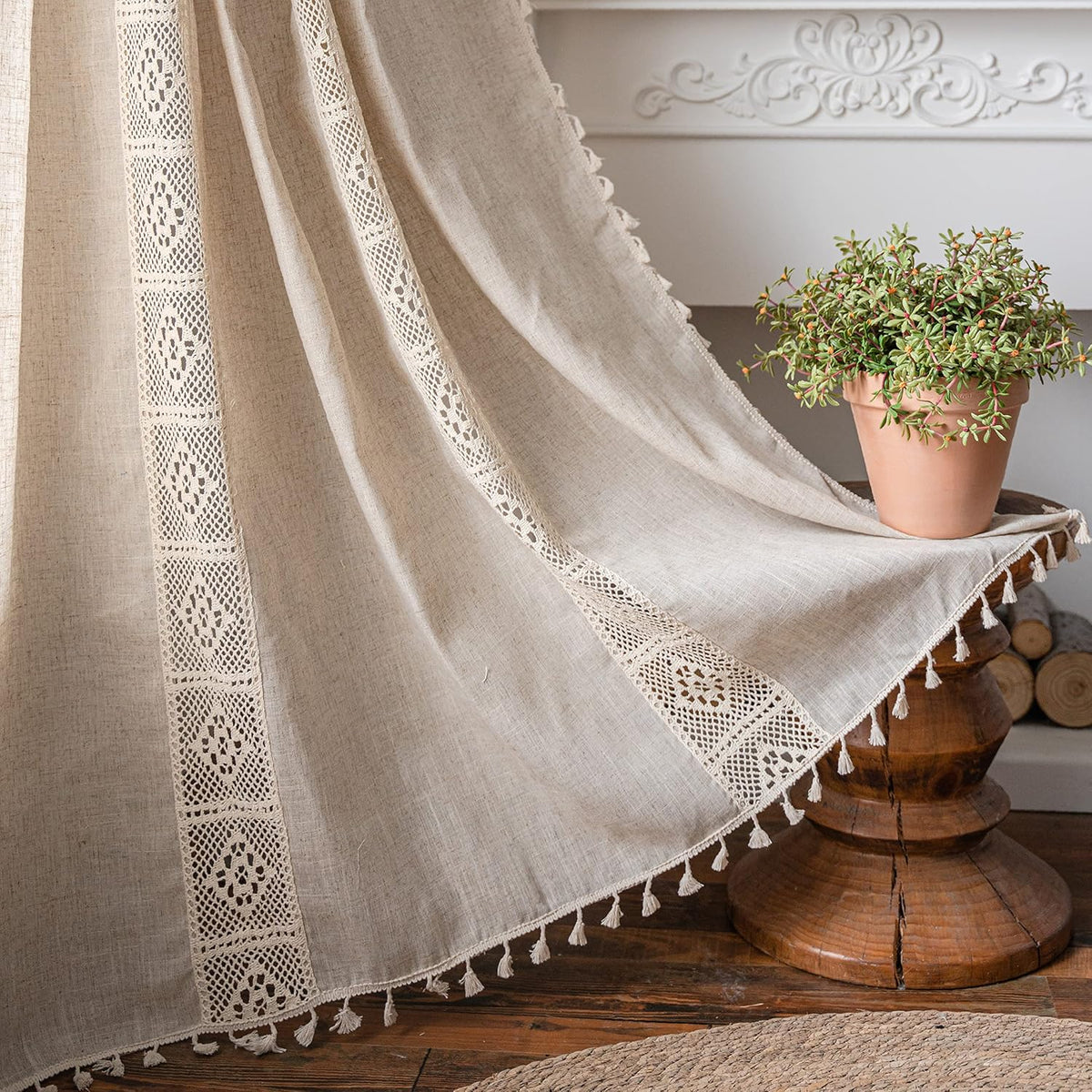 Sutuo Home Boho Curtain Crochet Lace Semi-Sheer Florals Hollow Knitted Handmade Tassels, Rod Pocket Window Treatment Vintage Rustic Farmhouse Drapes for Living Bedroom, 1 Panel 59" W x 84" L, Beige