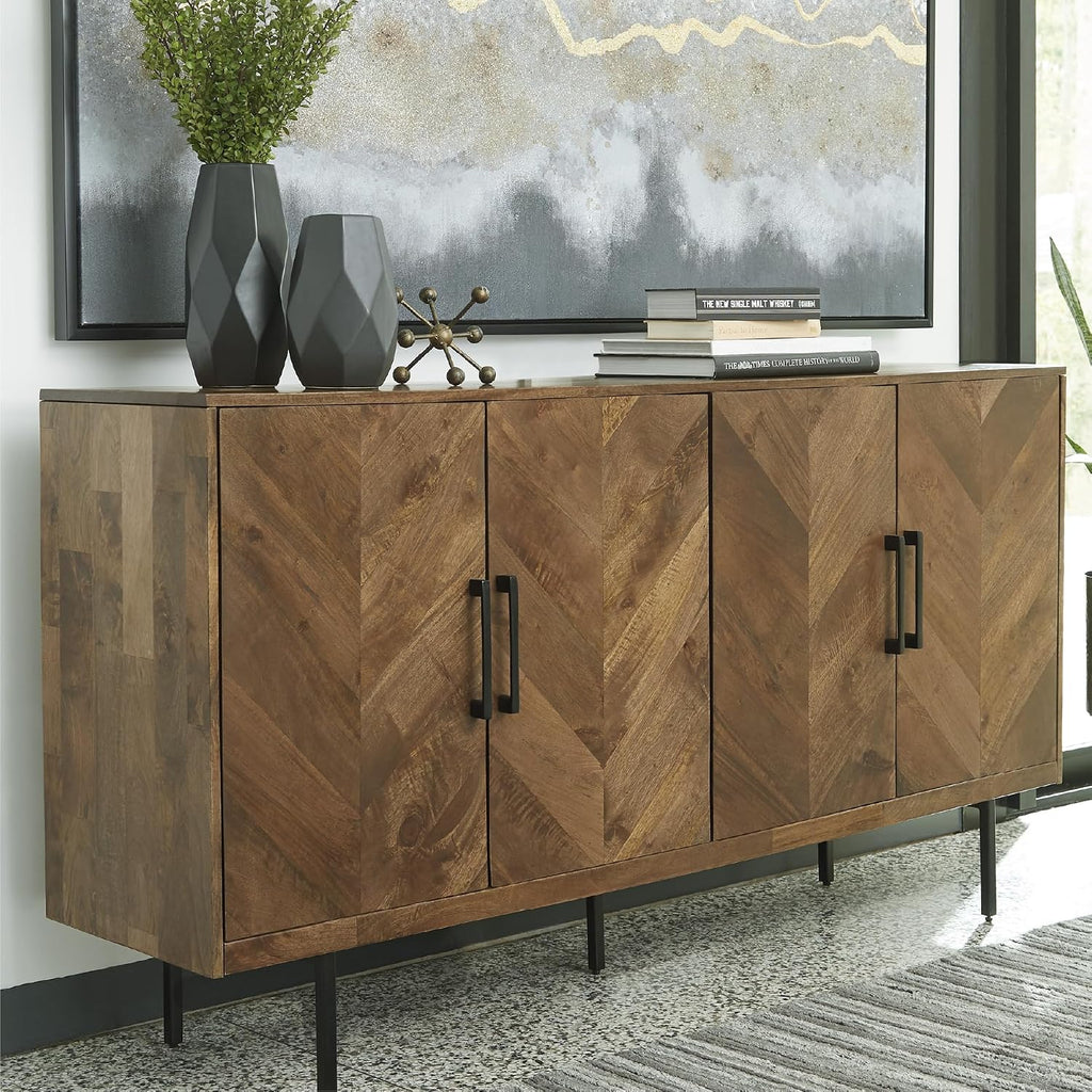 Signature Design by Ashley Accent Cabinet, Wood Credenza, Prattville | 68-inch contemporary credenza, Textured chevron doors, Durable solid and engineered wood construction, Multi-room use