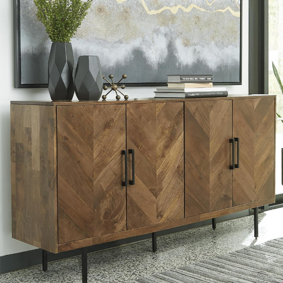 Signature Design by Ashley Accent Cabinet, Wood Credenza, Prattville | 68-inch contemporary credenza, Textured chevron doors, Durable solid and engineered wood construction, Multi-room use
