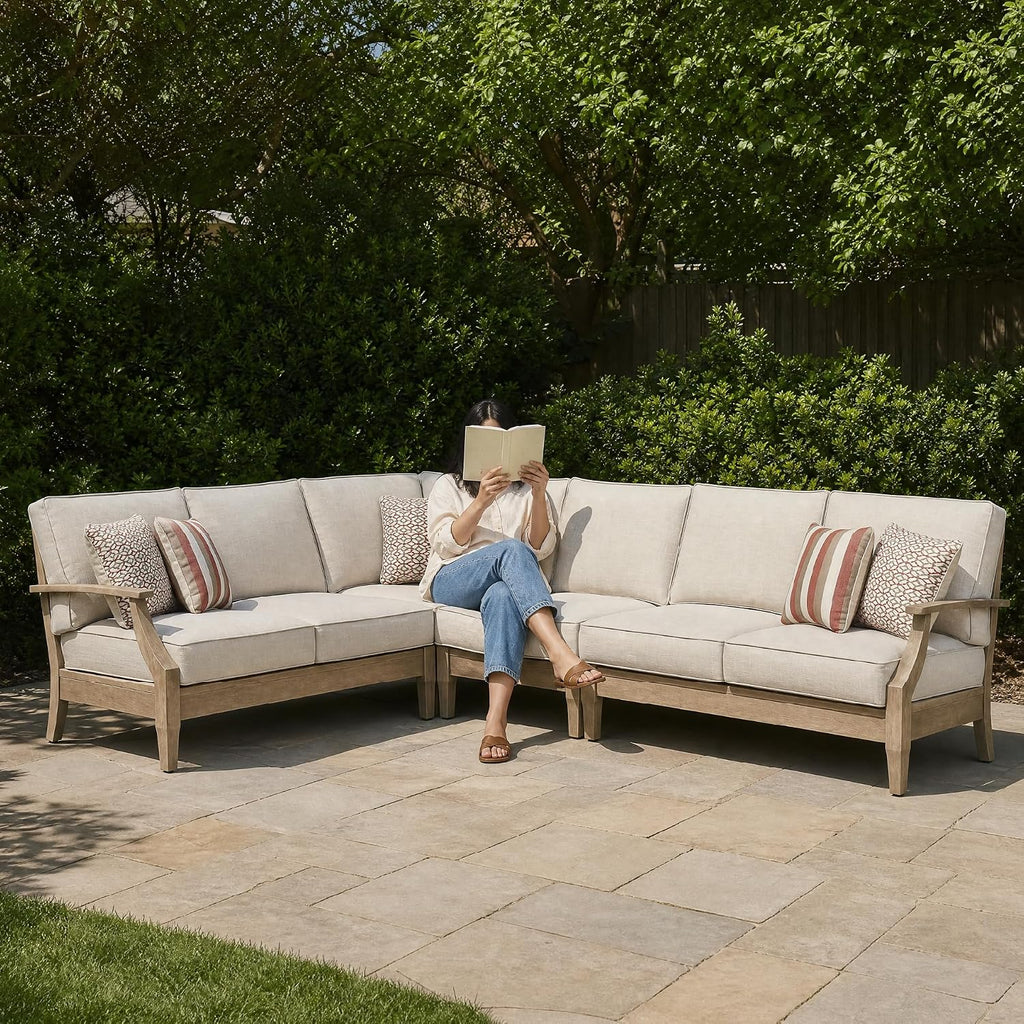 Signature Design by Ashley 4-Piece L-Shape Outdoor Sectional, Wood, Beige | Wood patio furniture set, Eucalyptus frame, Solution-dyed Nuvella fabric, All-weather foam cushions, Clare View Series