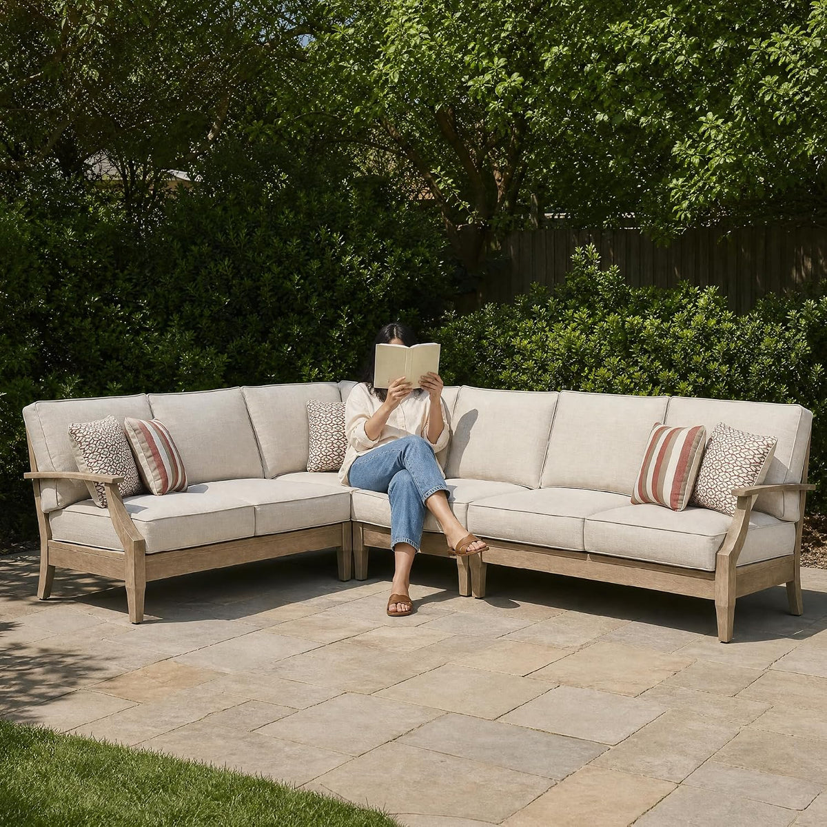 Signature Design by Ashley 4-Piece L-Shape Outdoor Sectional, Wood, Beige | Wood patio furniture set, Eucalyptus frame, Solution-dyed Nuvella fabric, All-weather foam cushions, Clare View Series
