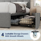 Allewie Queen Size Storage Bed Frame with 4 Underbed Drawers, Upholstered Platform Bed with Adjustable Headboard, Square Button Tufted, Easy Assembly, Noise-Free, No Box Spring Needed, Light Grey