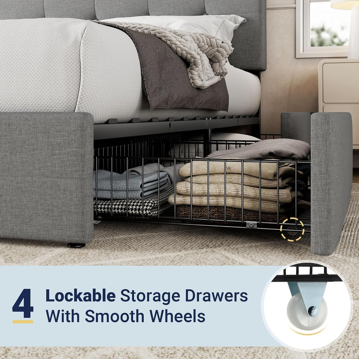 Allewie Queen Size Storage Bed Frame with 4 Underbed Drawers, Upholstered Platform Bed with Adjustable Headboard, Square Button Tufted, Easy Assembly, Noise-Free, No Box Spring Needed, Light Grey