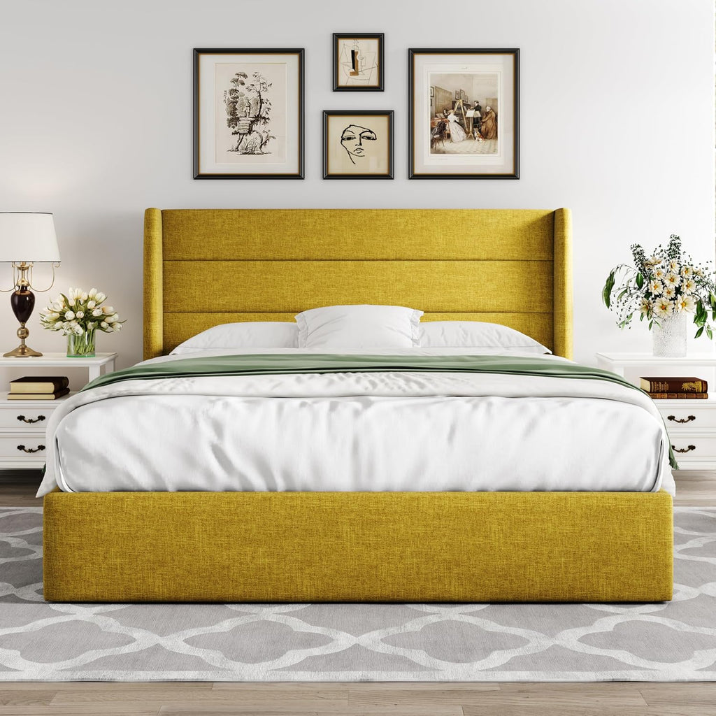 Allewie Queen Size Lift Up Hydraulic Storage Bed Frame Olive Yellow