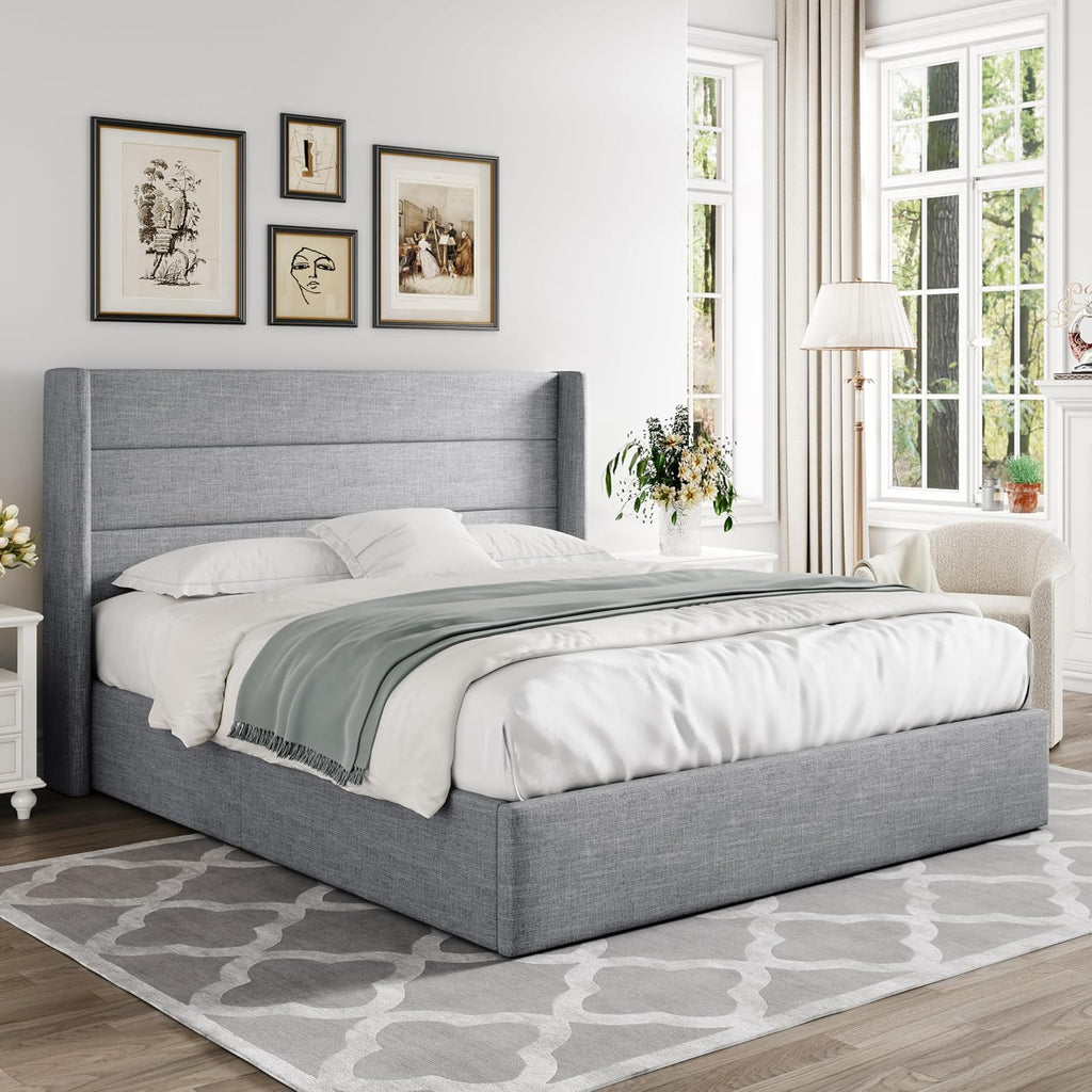Allewie Queen Size Lift Up Hydraulic Storage Bed Frame Light Grey