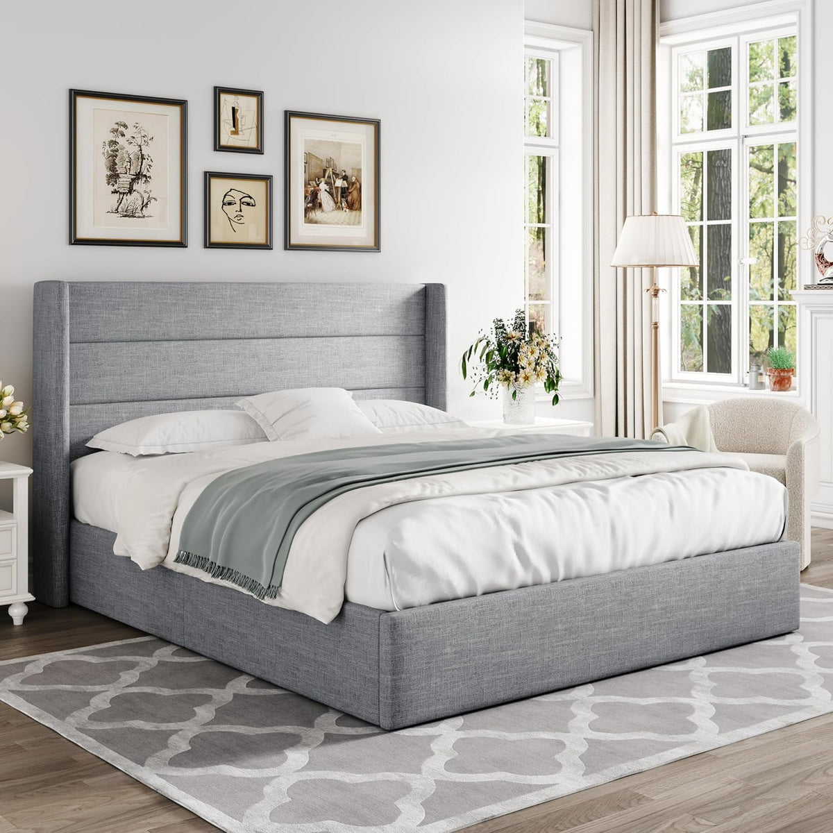 Allewie Queen Size Lift Up Hydraulic Storage Bed Frame Light Grey