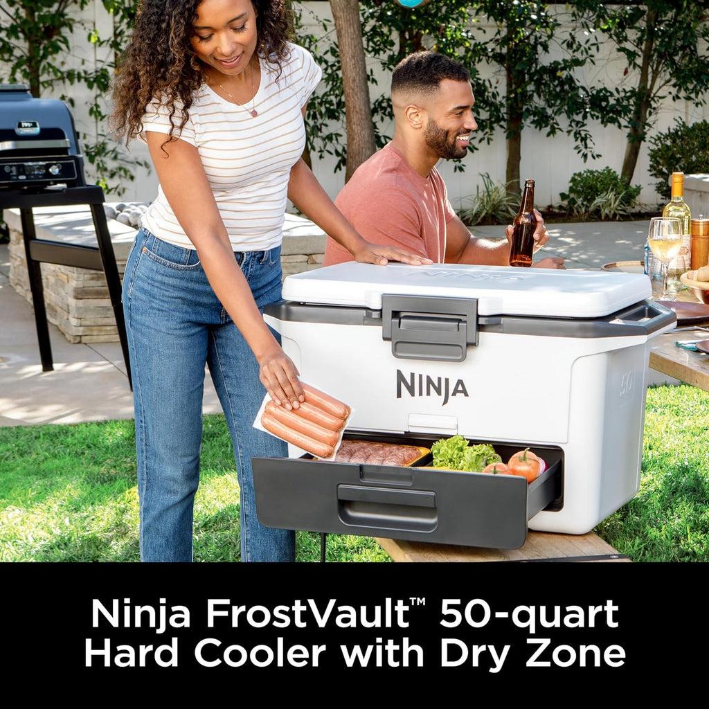 Ninja FrostVault 50qt Hard Cooler, Dry Storage Drawer, Cloud White FB151WH | Ninja FrostVault keeps food cool, dry & separate under 40°F for days, with 50-qt capacity holding up to 80 cans
