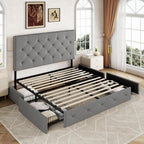 Allewie Queen Size Storage Bed Frame with 4 Underbed Drawers, Upholstered Platform Bed with Adjustable Headboard, Diamond Button Tufted, Easy Assembly, Noise-Free, No Box Spring Needed, Light Grey