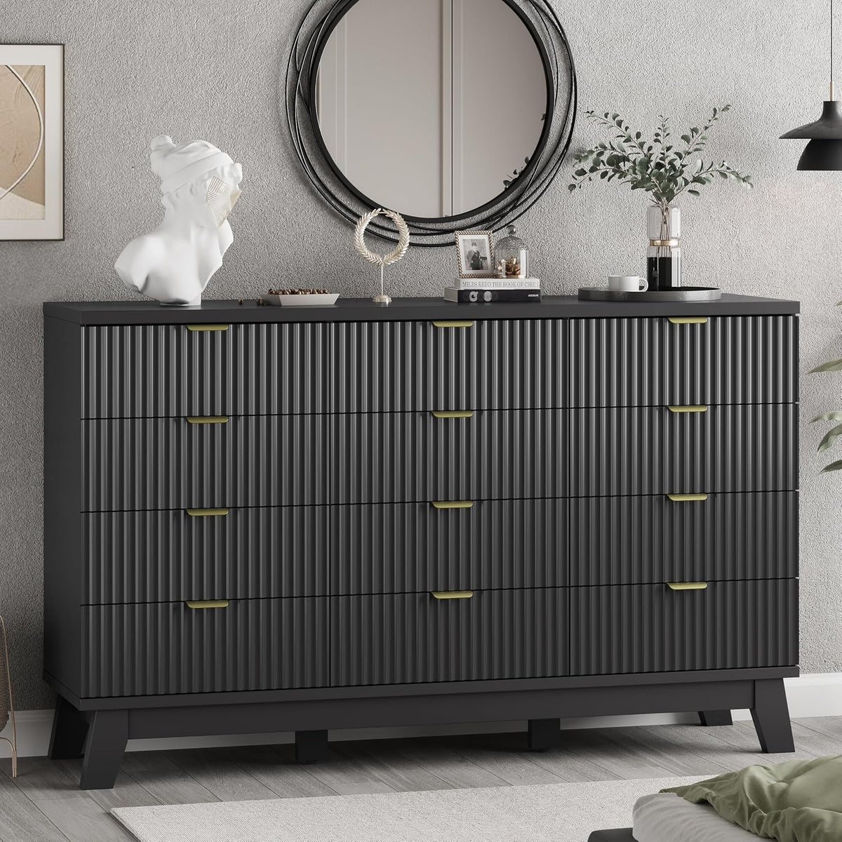 Xixini Fluted Dresser for Bedroom with 9 Drawers, 57" Wide Modern Chest of Drawers with Metal Handle, Wooden Dresser TV Stand, Wood Closet Clothes Storage Organizer for Living Room, Hallway, Walnut