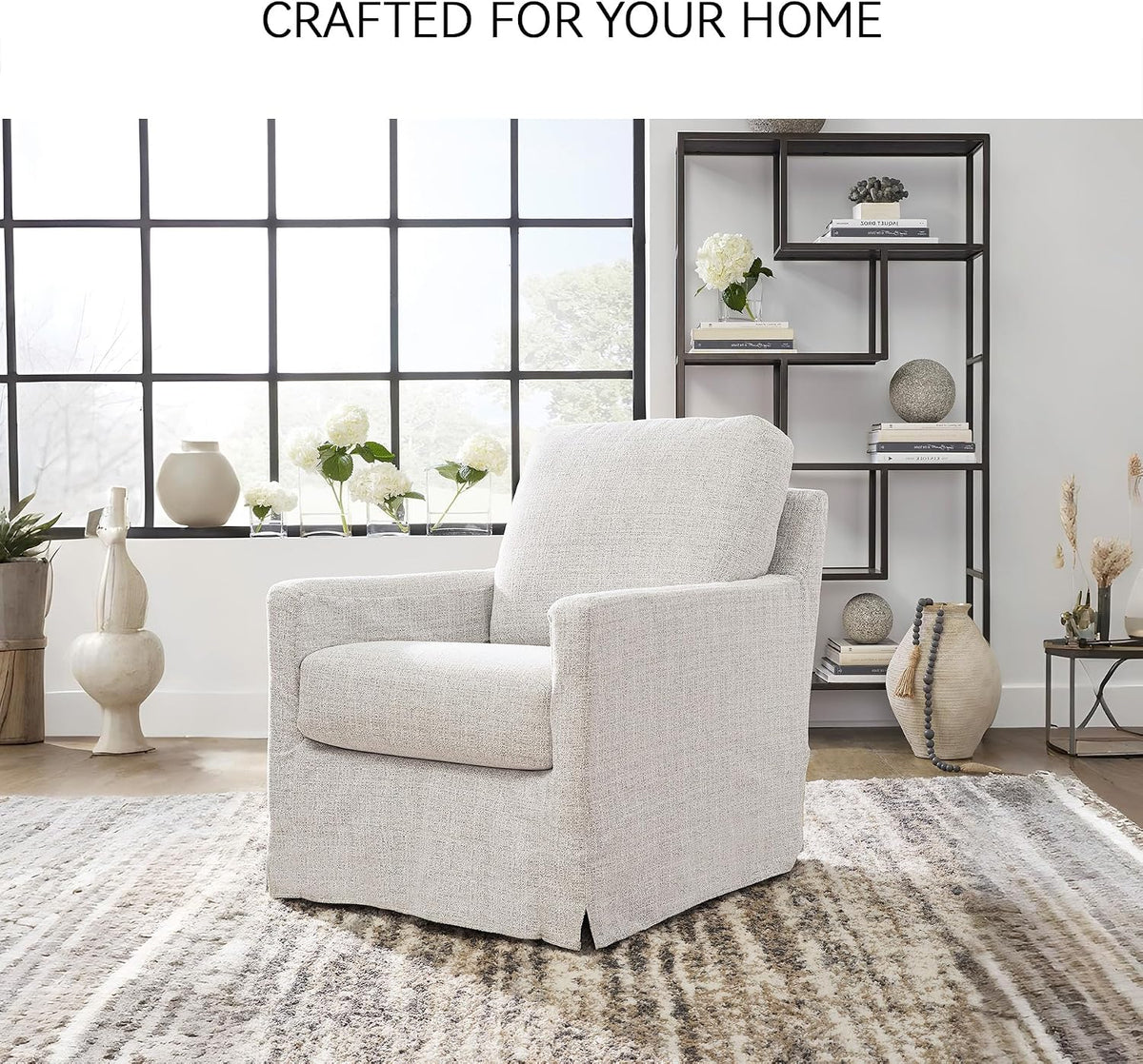 Signature Design by Ashley Nenana Swivel Glider Accent Chair, Stone Beige | Next-Gen Nuvella fabric, Machine-washable covers, 360-degree metal swivel base with gentle gliding motion
