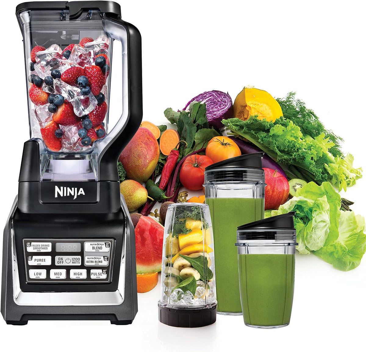 Ninja Nutri Personal & Countertop Blender, 1200W Auto-iQ, Black, BL642 | Auto-iQ base blends smoothies & shakes. 72-oz pitcher plus 18, 24 & 32-oz to-go cups w/ spout lids. Dishwasher safe.