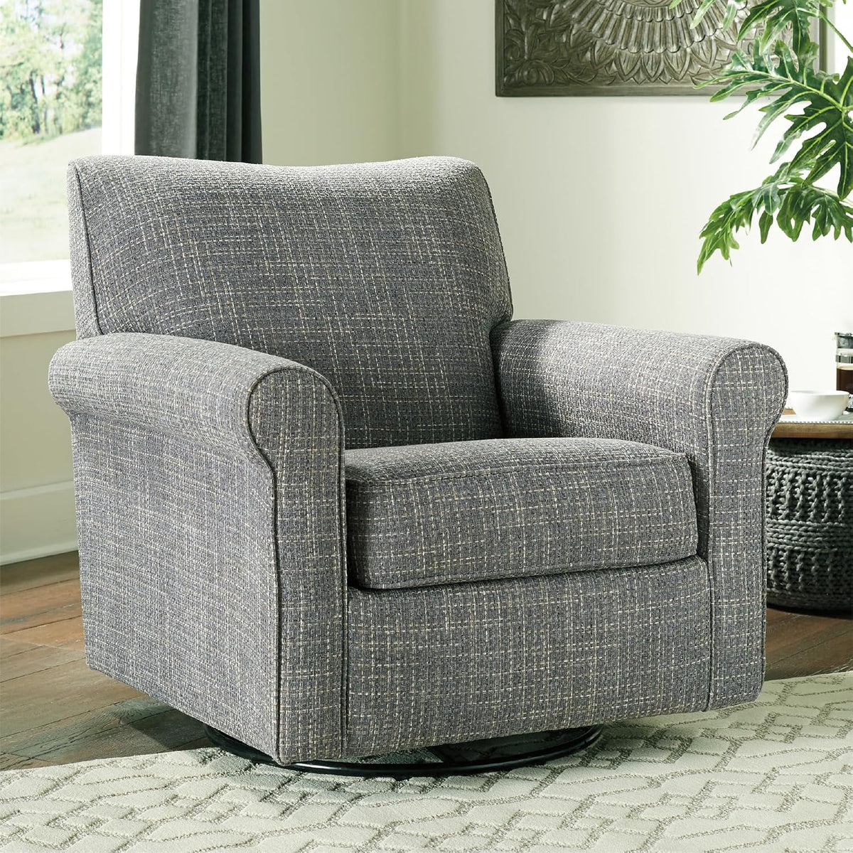 Signature Design by Ashley Renley Tweed Glider Swivel Accent Chair, Ash | Multi-tonal polyester, rayon, and acrylic upholstery, 360-degree rotation for living rooms and home offices