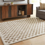 Signature Design by Ashley Checkered Shag Area Rug, Taupe/Ivory, 5x7 | 100% polypropylene 30 mm high pile, Soft plush texture for bedrooms and lounge areas, Karamen Series