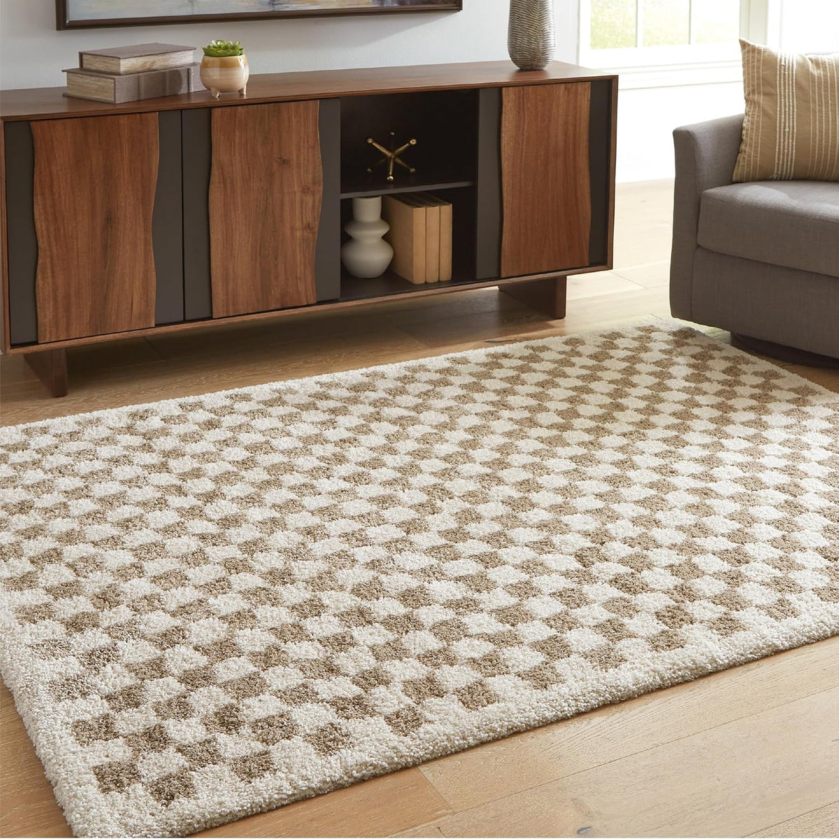 Signature Design by Ashley Checkered Shag Area Rug, Taupe/Ivory, 5x7 | 100% polypropylene 30 mm high pile, Soft plush texture for bedrooms and lounge areas, Karamen Series