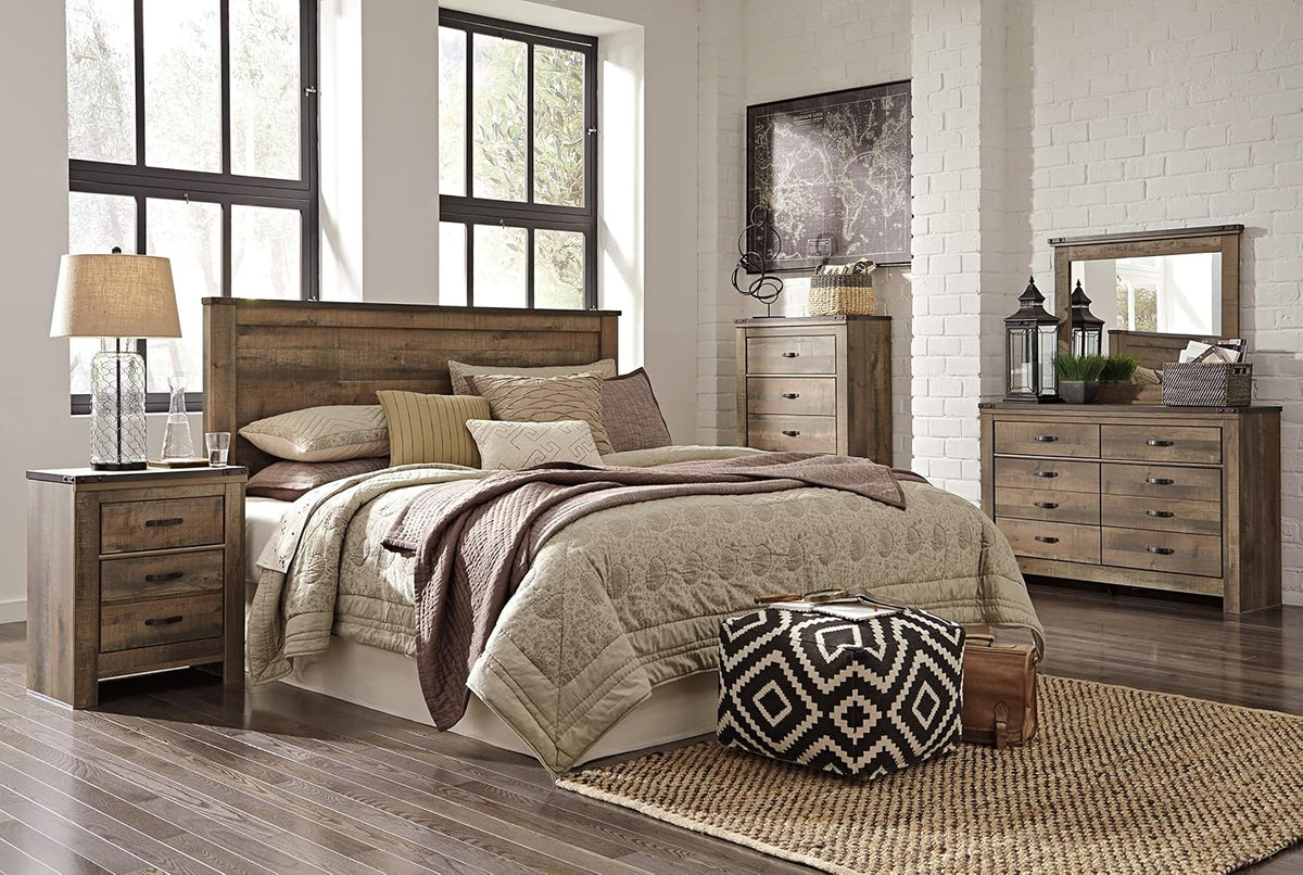 Signature Design by Ashley Trinell King Panel Headboard, Brown | Engineered wood panel, Rustic plank finish, Authentic touch texture, Nailhead accents, 5 minute assembly