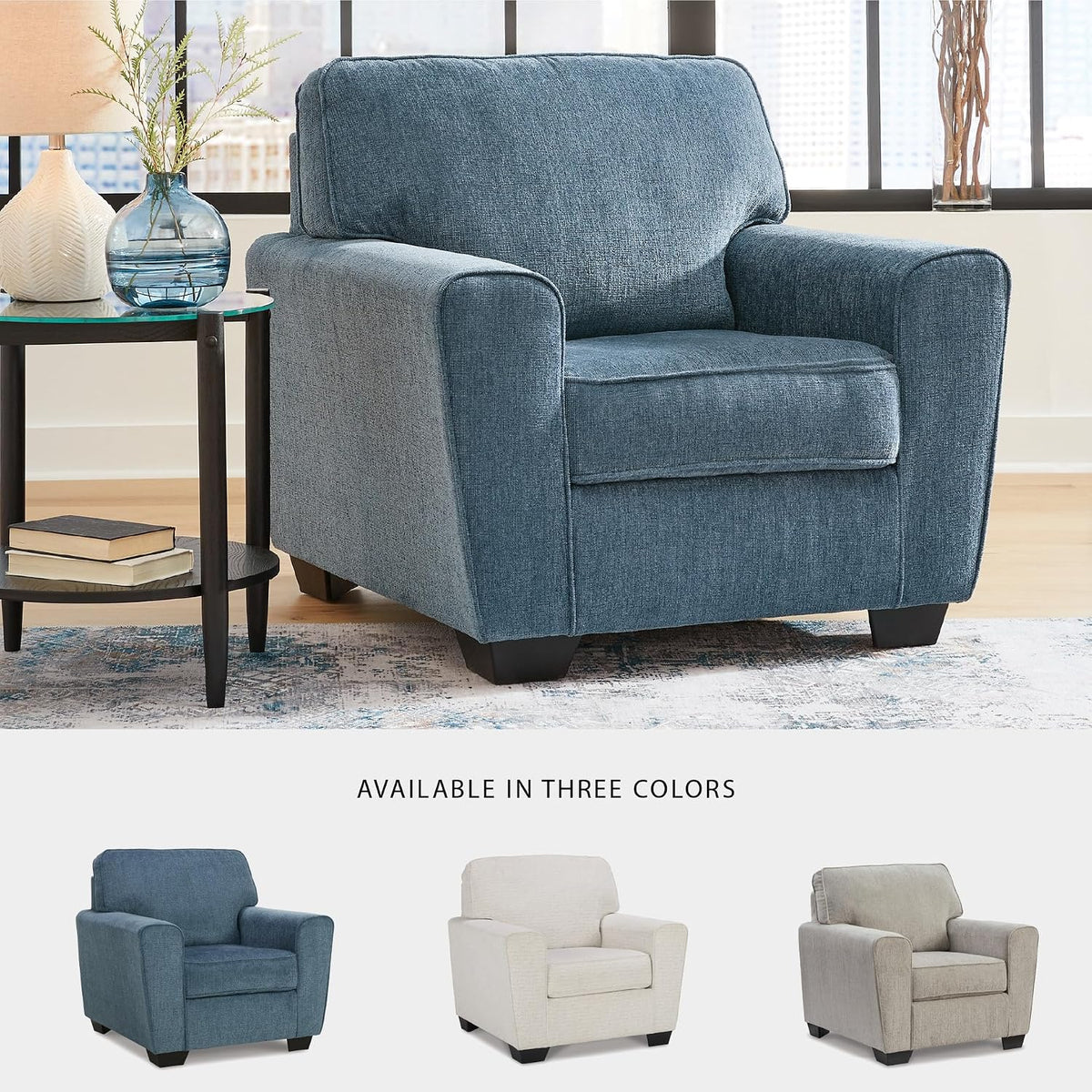 Signature Design by Ashley Cashton Oversized Accent Chair, Blue Arm Chair | Soft 100% polyester chenille, Durable wood and engineered wood frame, Spacious design for ultimate living room comfort