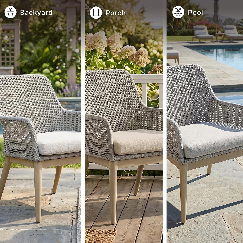 Signature Design by Ashley Seton Creek Cottage Nuvella Weather Resistant Fabric Outdoor Dining Arm Chair with Cushion, Set of 2, Light Brown & Light Gray