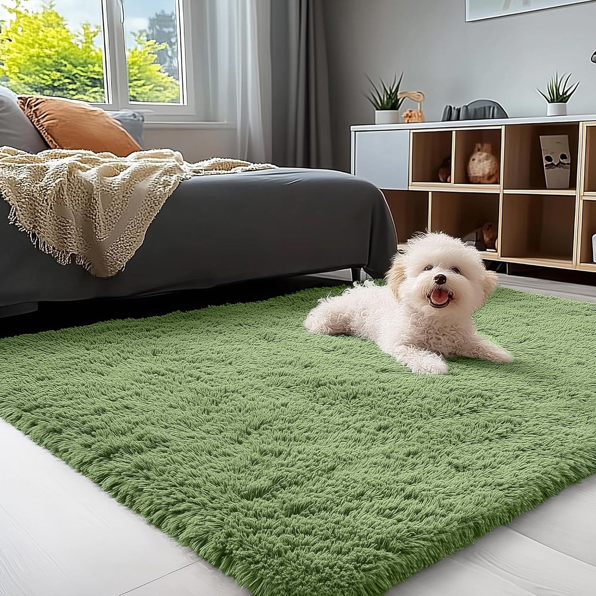 OLANLY Beige Round Rugs for Bedroom - Machine Washable, 4 ft Circle Area Rugs for Living Room, Soft and Fluffy Shaggy Carpet for Teen Girls and Boys, Nursery Rooms, Dorms, Home Decor Aesthetic