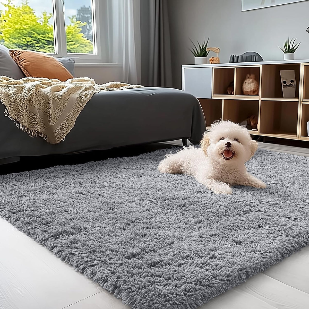 OLANLY Beige Round Rugs for Bedroom - Machine Washable, 4 ft Circle Area Rugs for Living Room, Soft and Fluffy Shaggy Carpet for Teen Girls and Boys, Nursery Rooms, Dorms, Home Decor Aesthetic