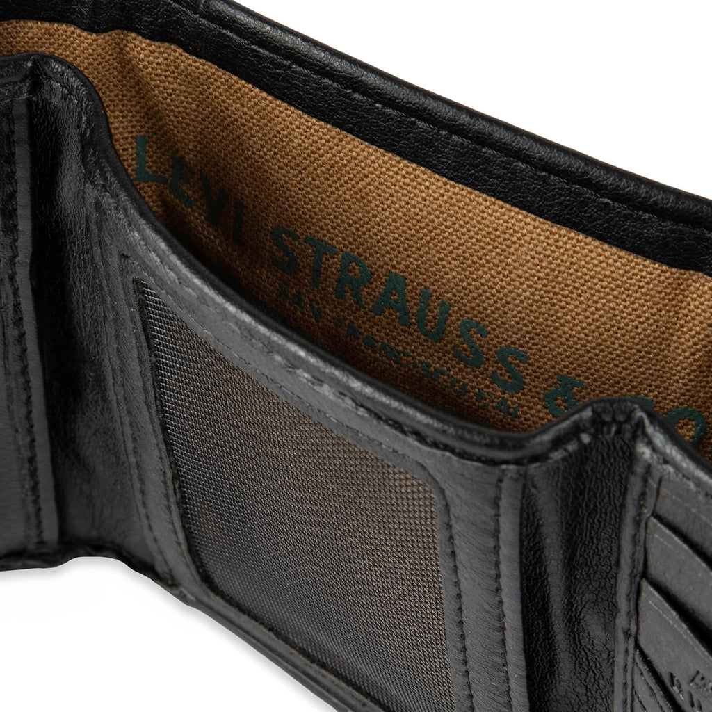 Levi's Men's Trifold Wallet - Sleek and Slim Includes ID Window and Credit Card Holder,Black Embossed Logo