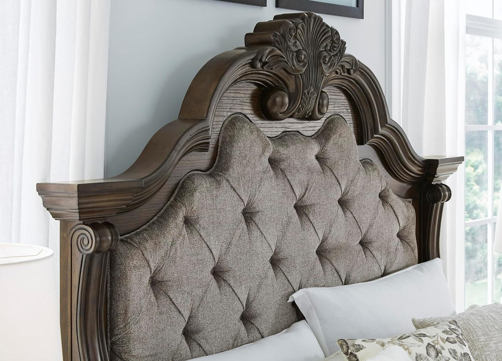 Signature Design by Ashley Maylee King Size Bed Frame and Headboard, Brown | Traditional panel bed, High 83-inch headboard, Brown button-tufted upholstery, Master bedroom statement piece