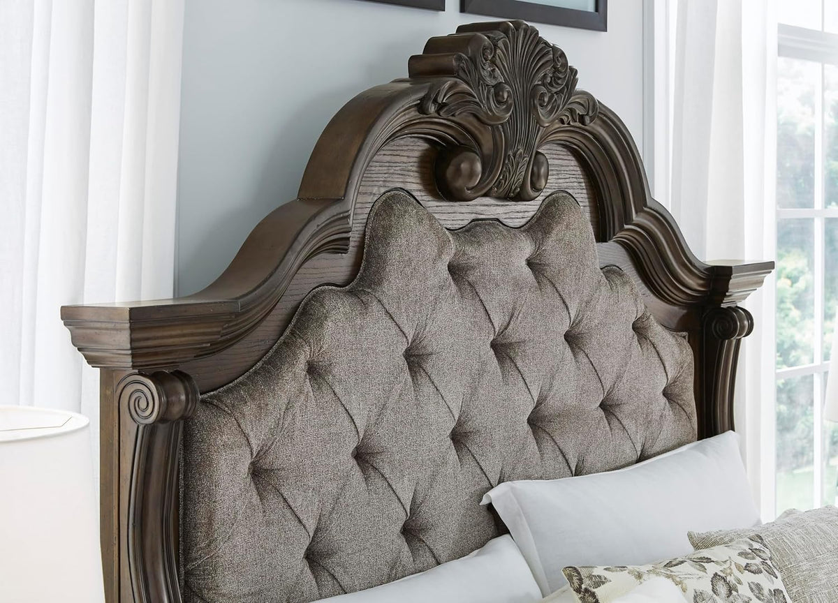 Signature Design by Ashley Maylee King Size Bed Frame and Headboard, Brown | Traditional panel bed, High 83-inch headboard, Brown button-tufted upholstery, Master bedroom statement piece