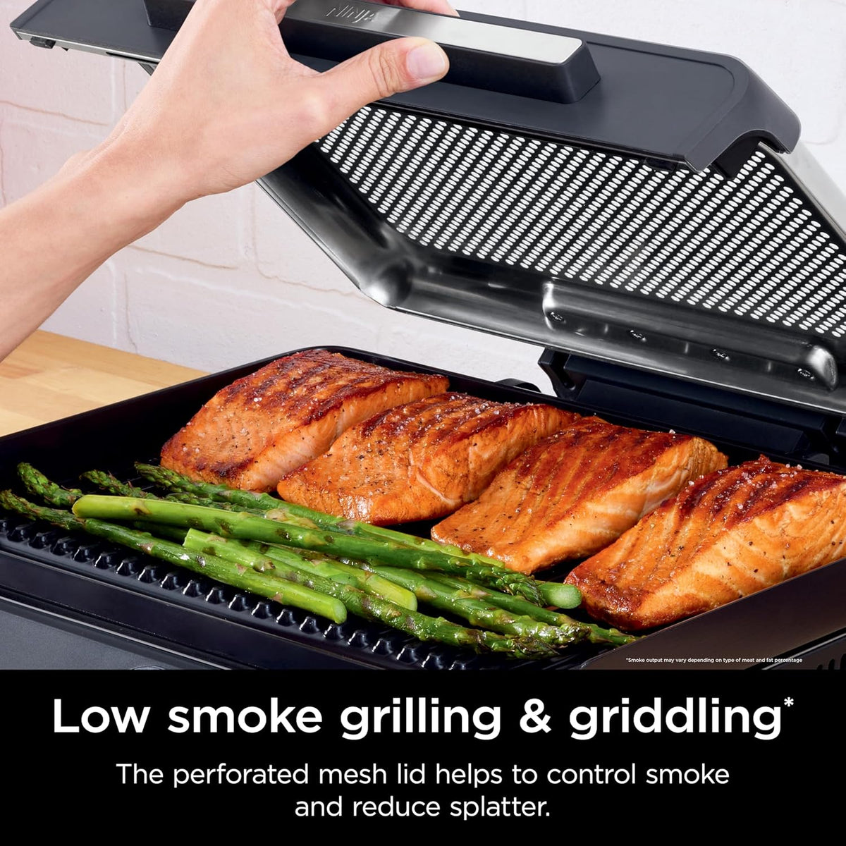 Ninja® Sizzle™ Indoor Grill & Griddle, 14'', 500°F, Grey/Silver, GR101 | Interchangeable nonstick grill & griddle plate, dishwasher-safe lid, 500°F edge-to-edge heat for perfect char-grilled marks.