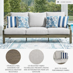 Signature Design by Ashley Rainier Ranch 3-Seat Outdoor Sofa, Beige | Rust-resistant wood-look aluminum frame, UV-resistant Nuvella+ cushions, 3-seat casual contemporary patio sofa