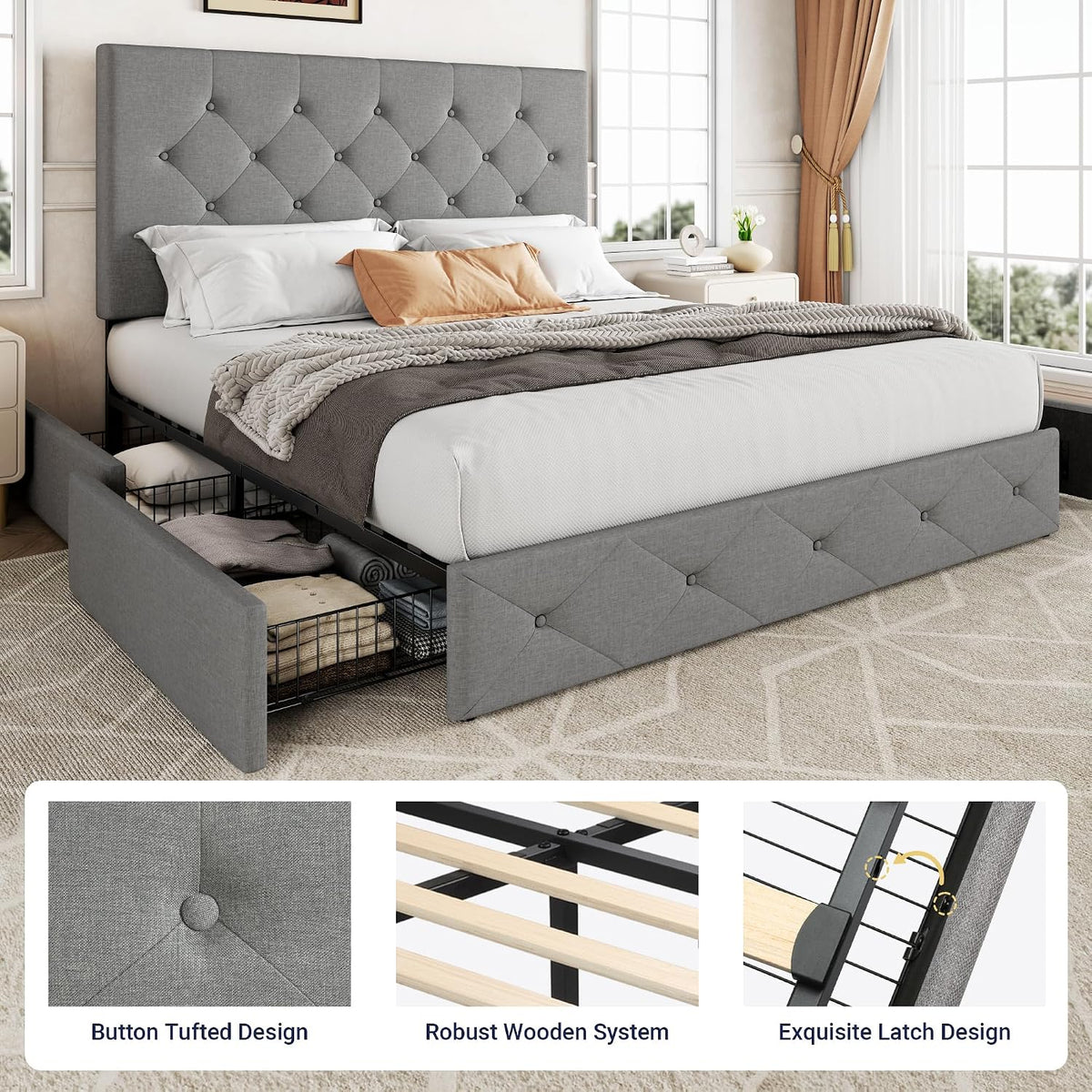 Allewie Queen Size Storage Bed Frame with 4 Underbed Drawers, Upholstered Platform Bed with Adjustable Headboard, Diamond Button Tufted, Easy Assembly, Noise-Free, No Box Spring Needed, Light Grey