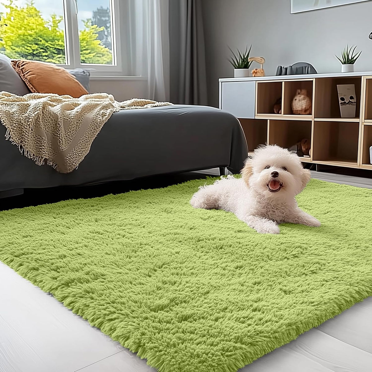 OLANLY Beige Round Rugs for Bedroom - Machine Washable, 4 ft Circle Area Rugs for Living Room, Soft and Fluffy Shaggy Carpet for Teen Girls and Boys, Nursery Rooms, Dorms, Home Decor Aesthetic