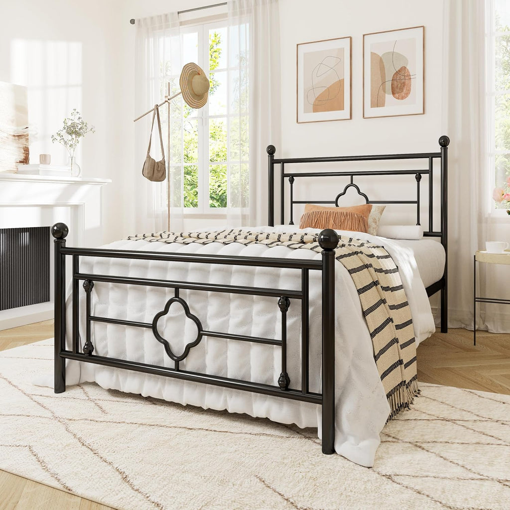 Allewie Twin Size Metal Platform Bed Frame, Victorian Headboard, Black