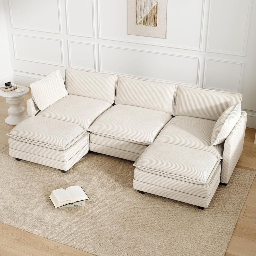 ROWHY 112'' Sectional Modular Cloud Couch, Oversized 5 Seat Couches U Shaped Sofa with 2 Movable Ottomans, 2 Throw Pillows, Upholstered Corduroy U Shape Comfy Deep Couches for Living Room, Beige