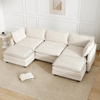 ROWHY 112'' Sectional Modular Cloud Couch, Oversized 5 Seat Couches U Shaped Sofa with 2 Movable Ottomans, 2 Throw Pillows, Upholstered Corduroy U Shape Comfy Deep Couches for Living Room, Beige