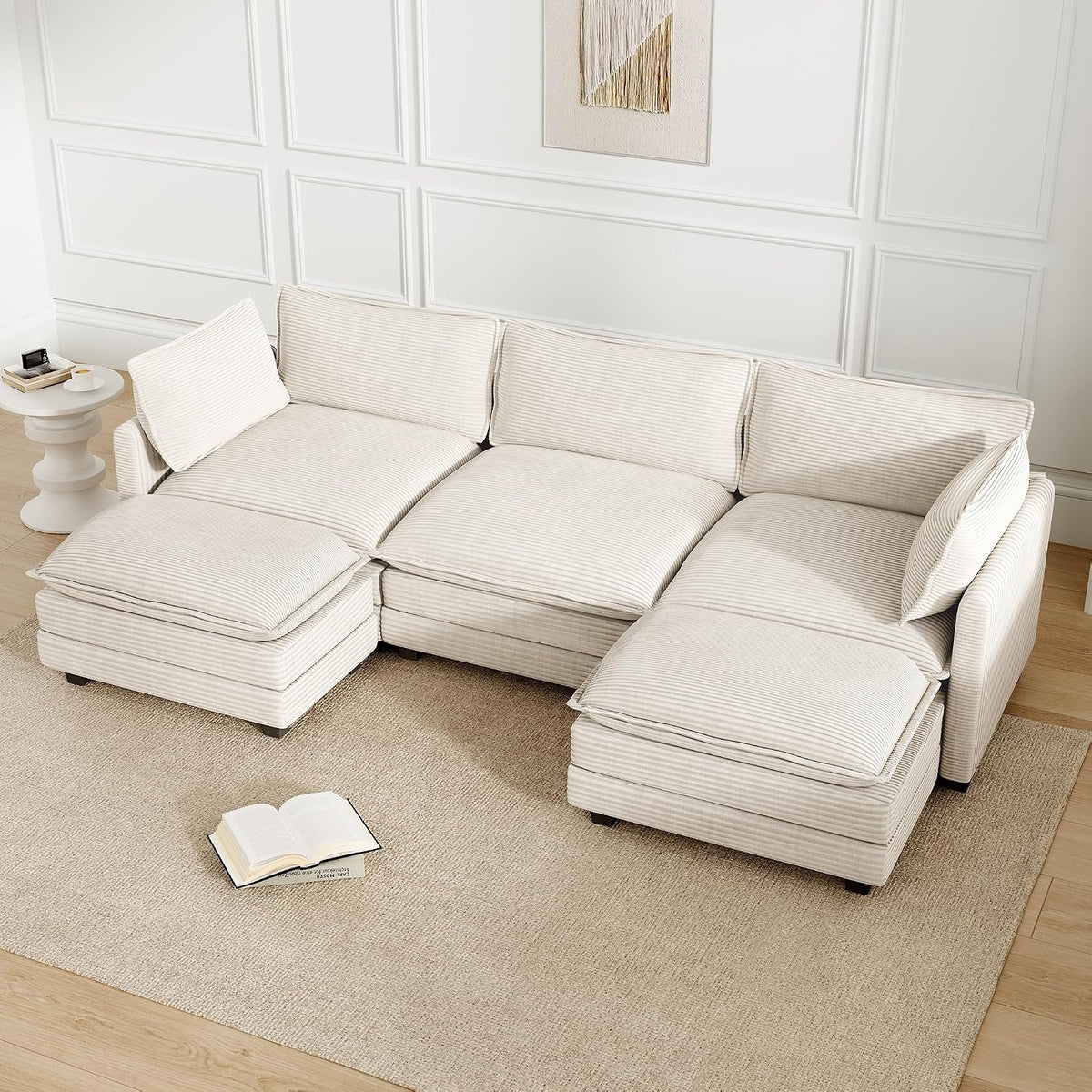 ROWHY 112'' Sectional Modular Cloud Couch, Oversized 5 Seat Couches U Shaped Sofa with 2 Movable Ottomans, 2 Throw Pillows, Upholstered Corduroy U Shape Comfy Deep Couches for Living Room, Beige