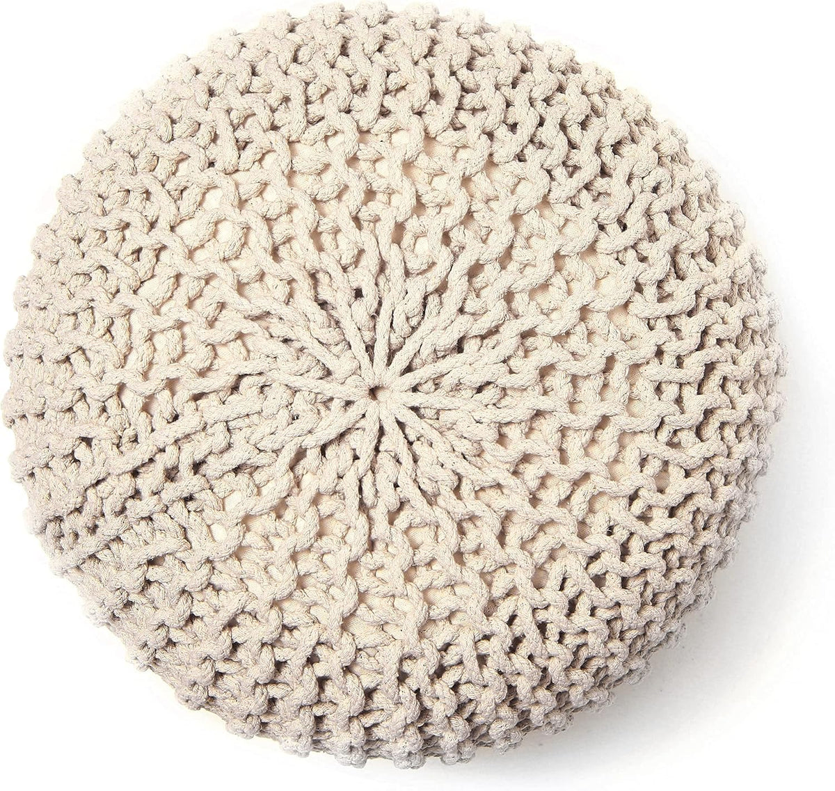 · REDEARTH · Round Pouf Ottoman - Hand Knitted Boho Poof Footrest - Ivory