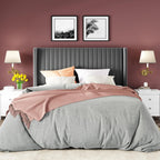 Allewie Queen Size Velvet Bed Frame/Vertical Channel Tufted Wingback Headboard/Upholstered Platform Bed/Strong Wooden Slats/No Box Spring Needed/Easy Assembly/Grey