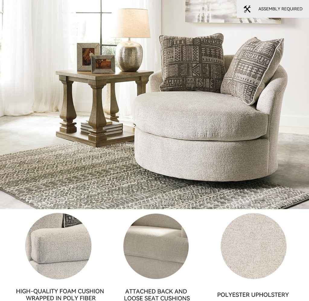Signature Design by Ashley Soletren Oversized Swivel Accent Chair, Stone | Cozy 100% polyester chenille, Smooth 360-degree swivel base, Includes 2 geometric throw pillows