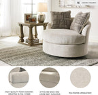 Signature Design by Ashley Soletren Oversized Swivel Accent Chair, Stone | Cozy 100% polyester chenille, Smooth 360-degree swivel base, Includes 2 geometric throw pillows