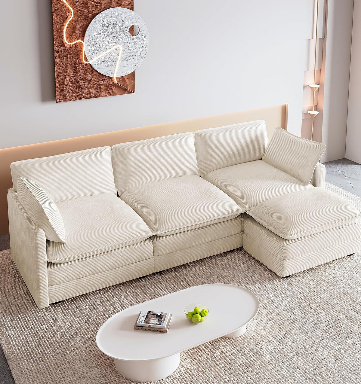 ROWHY 112'' Sectional Modular Cloud Couch, Oversized 5 Seat Couches U Shaped Sofa with 2 Movable Ottomans, 2 Throw Pillows, Upholstered Corduroy U Shape Comfy Deep Couches for Living Room, Beige