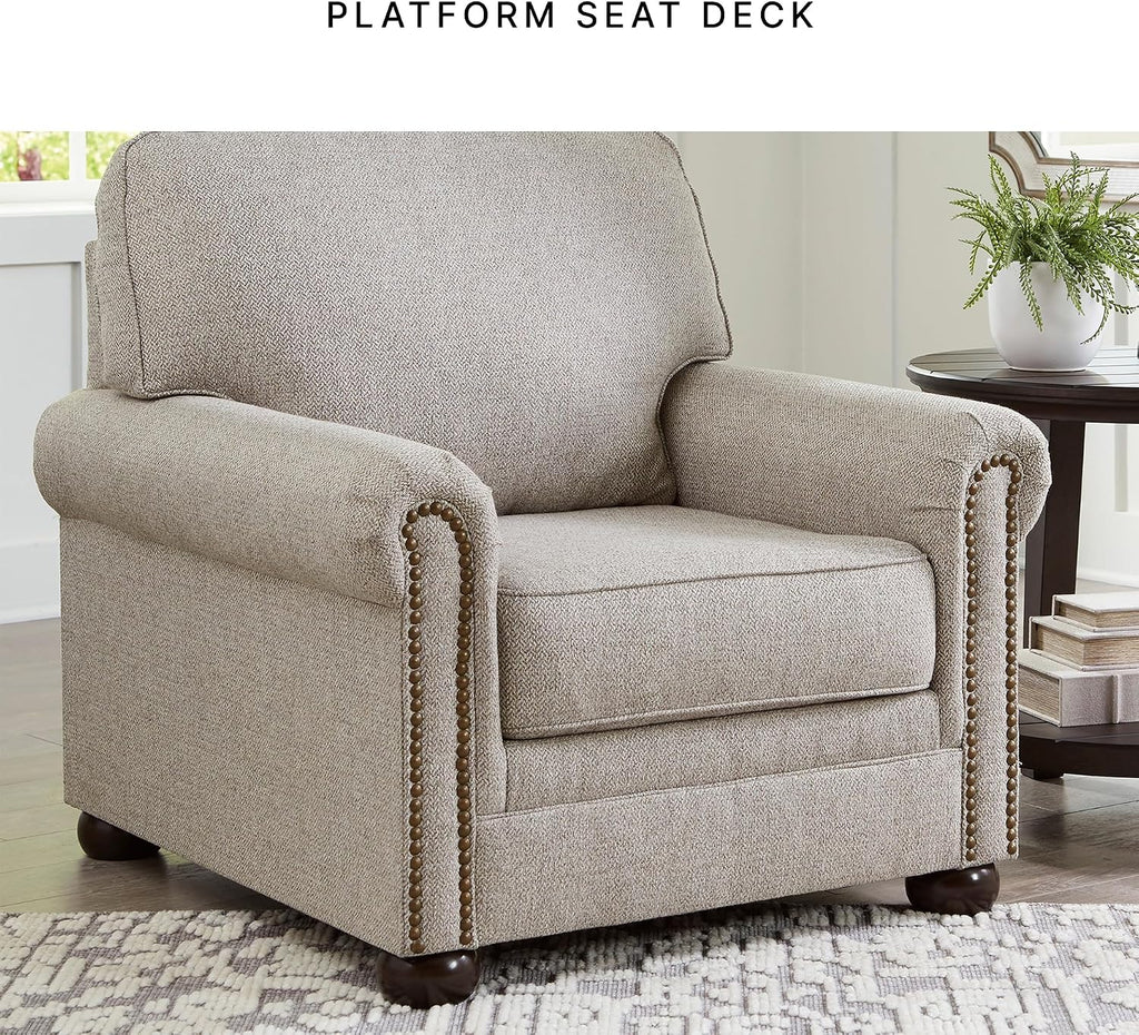 Signature Design by Ashley Gaelon Accent Chair, Dune Beige Chenille Fabric | Soft textured herringbone pattern, Sag-resistant platform foundation for even support, Traditional nailhead trim
