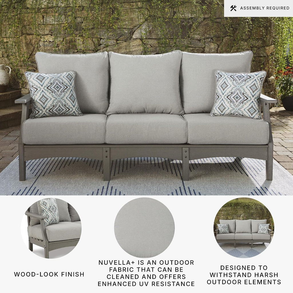 Signature Design by Ashley Visola 80"W 3-Seat Outdoor Patio Sofa, HDPE Wood Look, Couch with Performance Cushions for Deck Furniture, Gray