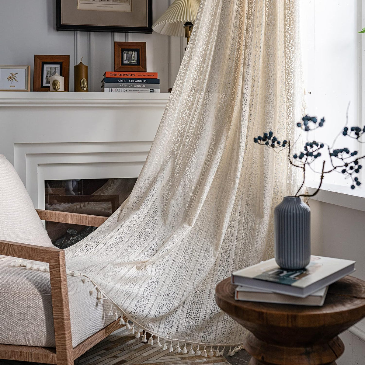 Sutuo Home Boho Curtain Crochet Lace Semi-Sheer Florals Hollow Knitted Handmade Tassels, Rod Pocket Window Treatment Vintage Rustic Farmhouse Drapes for Living Bedroom, 1 Panel 59" W x 84" L, Beige