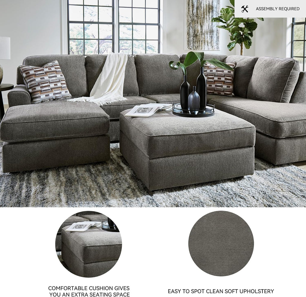 Signature Design by Ashley Putty Grey Ottoman with Storage | Square storage ottoman with reversible tray top and built-in cup holders, Putty grey herringbone chenille, O'Phannon Series