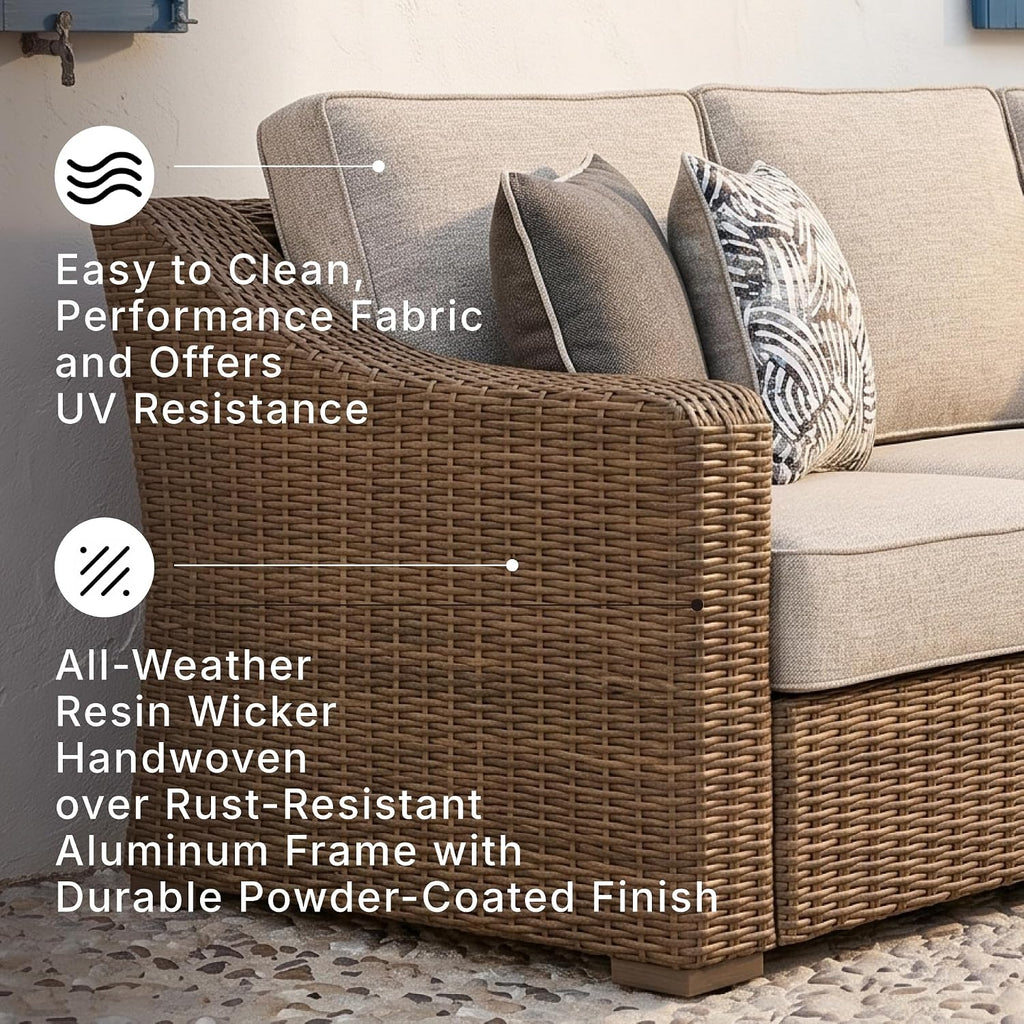 Signature Design by Ashley 3-Seat Outdoor Patio Couch, Handwoven Wicker | Outdoor furniture, Resin wicker over aluminum, Solution-dyed Nuvella fabric, 3-person capacity, Carmel Bay Series