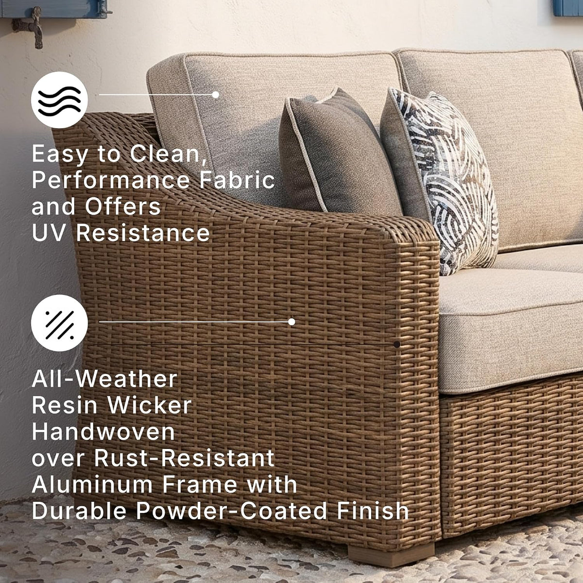 Signature Design by Ashley 3-Seat Outdoor Patio Couch, Handwoven Wicker | Outdoor furniture, Resin wicker over aluminum, Solution-dyed Nuvella fabric, 3-person capacity, Carmel Bay Series